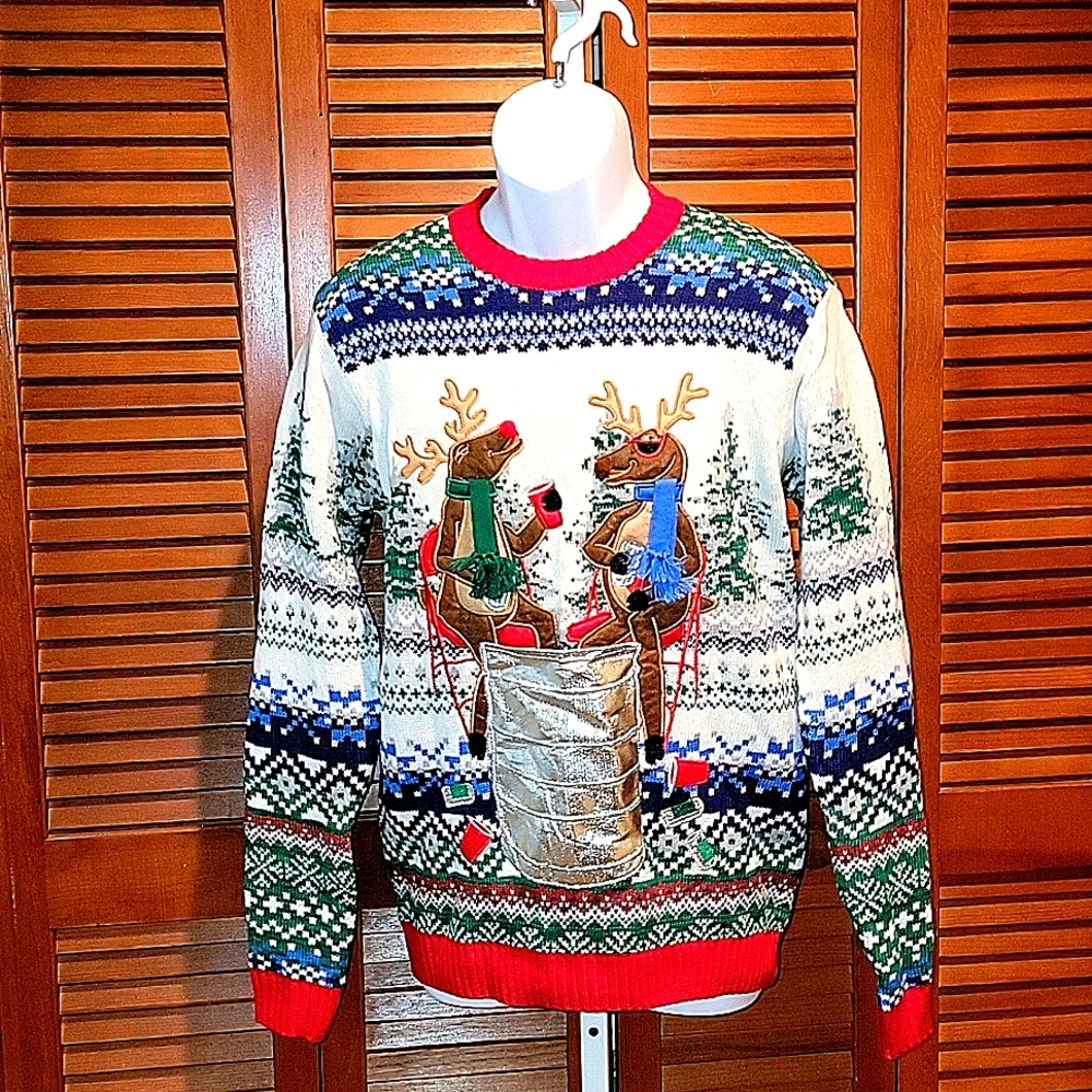 33 DEGREES MEN'S PULLOVER SWEATER UGLY CHRISTMAS REINDEER KEG BEER POCKET